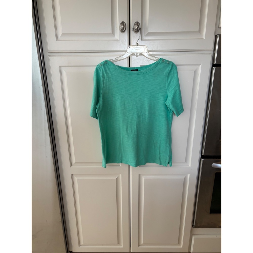 Talbots Womens Teal Green Slub Knit Boat Neck‎ Button Shoulder Top Size M